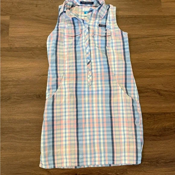 Columbia Women’s Plaid Sleeveless Cotton  Henley Dress Pockets Blue Pink Sz S - Picture 2 of 8